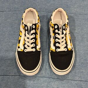 Vans old school sneakers black,white checkerboard with yellow sunflower us6